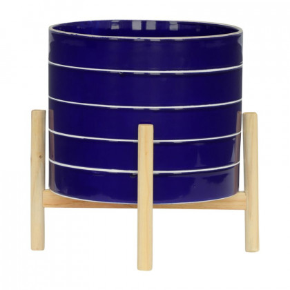Sagebrook 10" Striped Planter With Wood Stand - Navy