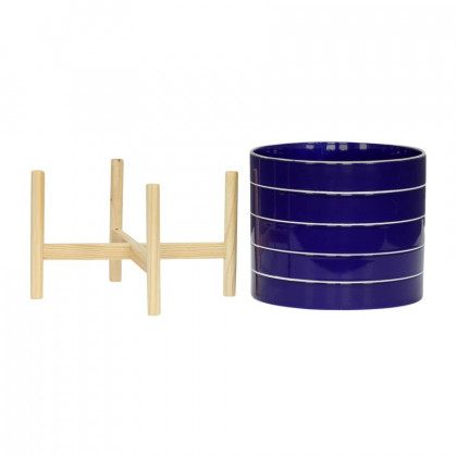 Sagebrook 10" Striped Planter With Wood Stand - Navy