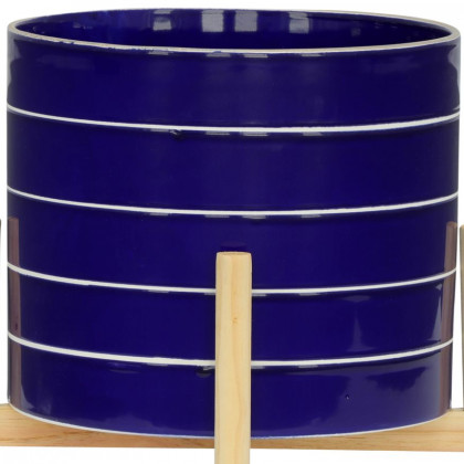 Sagebrook 10" Striped Planter With Wood Stand - Navy