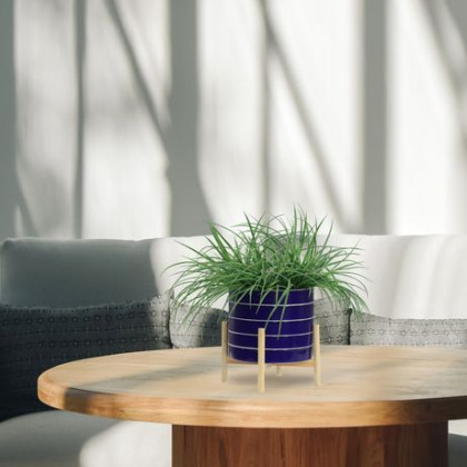 Sagebrook 10" Striped Planter With Wood Stand - Navy