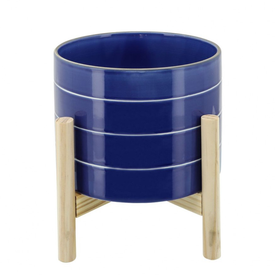 Sagebrook 8" Striped Planter With Wood Stand - Navy