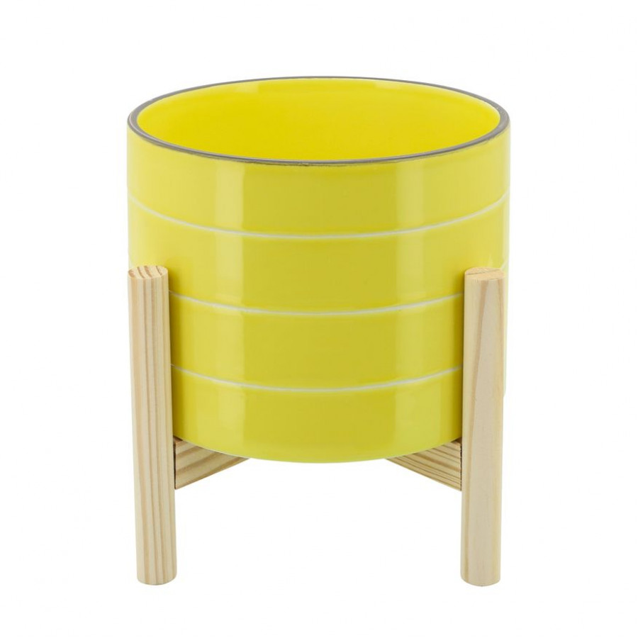 Sagebrook 8" Striped Planter With Wood Stand - Yellow