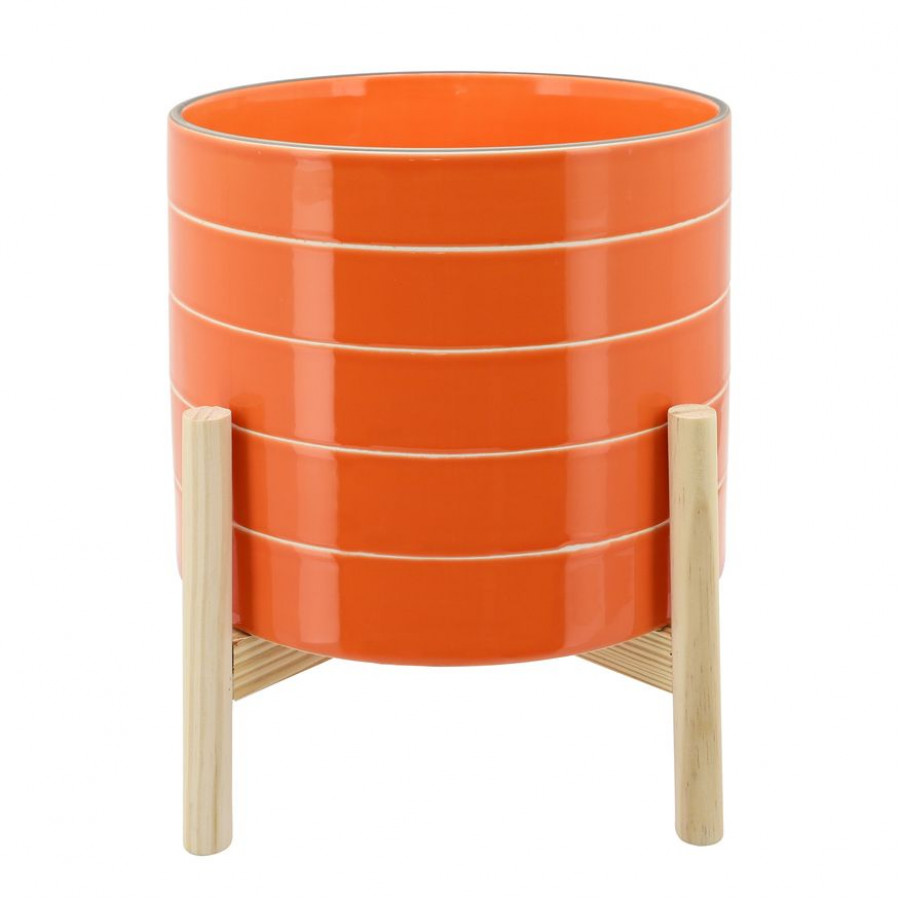 Sagebrook 10" Striped Planter With Wood Stand - Orange