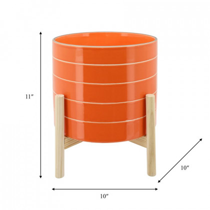 Sagebrook 10" Striped Planter With Wood Stand - Orange
