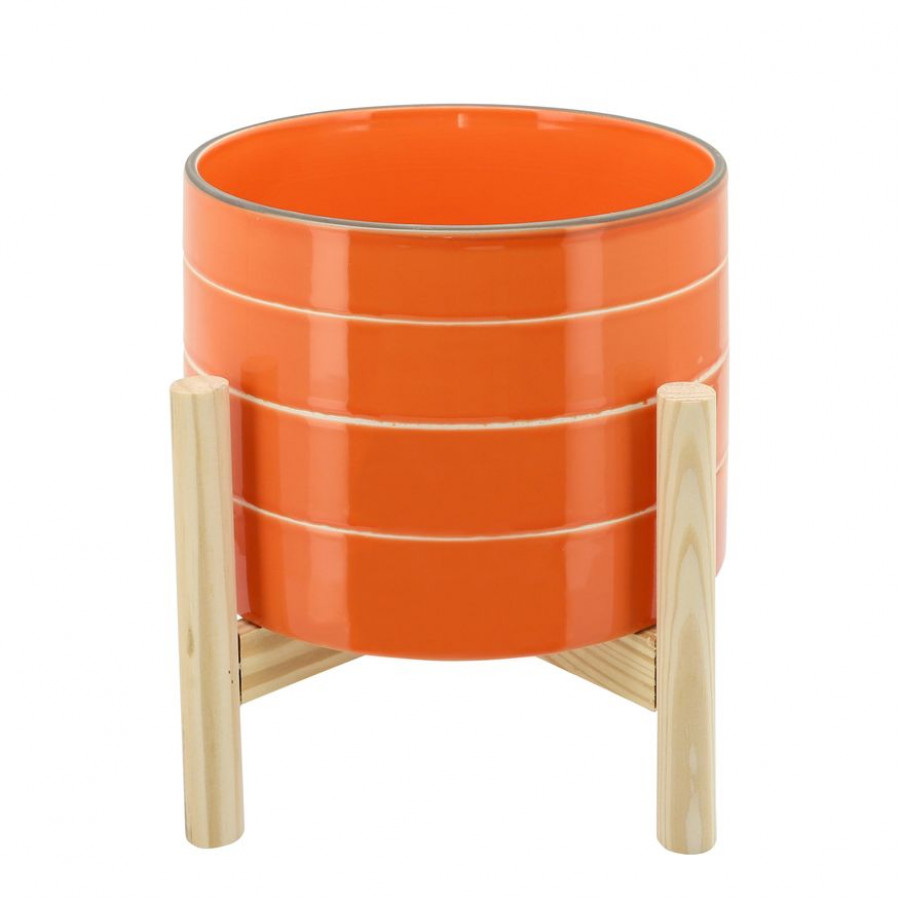 Sagebrook 8" Striped Planter With Wood Stand - Orange