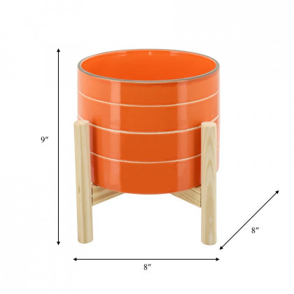 Sagebrook 8" Striped Planter With Wood Stand - Orange