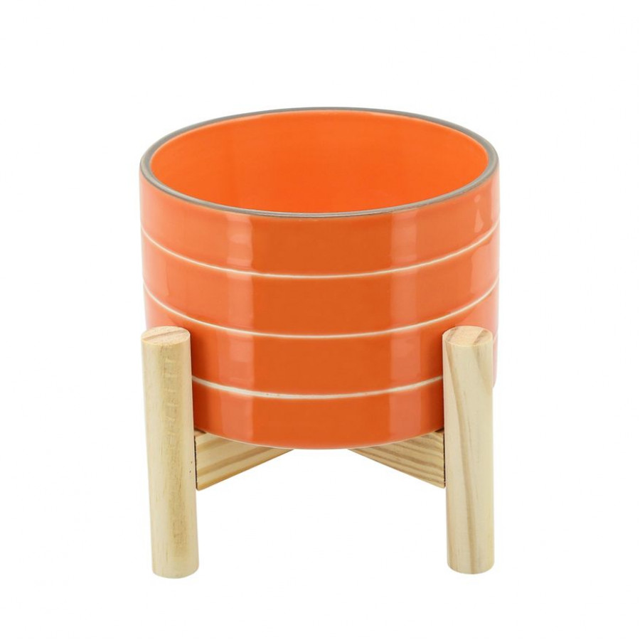 Sagebrook 6" Striped Planter With Wood Stand - Orange