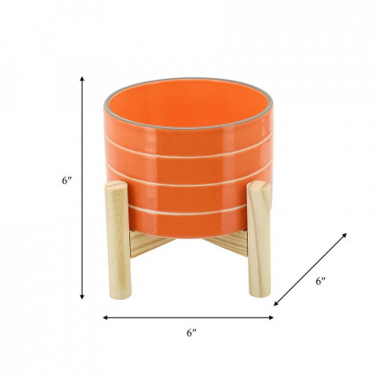 Sagebrook 6" Striped Planter With Wood Stand - Orange