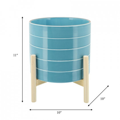 Sagebrook 10" Striped Planter With Wood Stand - Skyblue