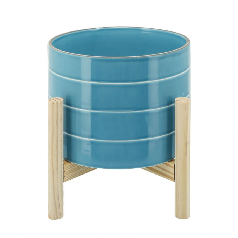 Sagebrook 8" Striped Planter With Wood Stand - Skyblue