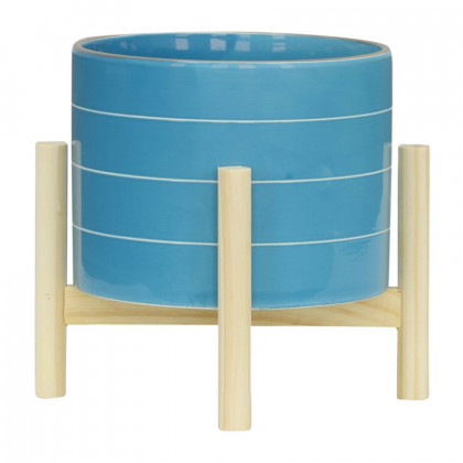 Sagebrook 8" Striped Planter With Wood Stand - Skyblue