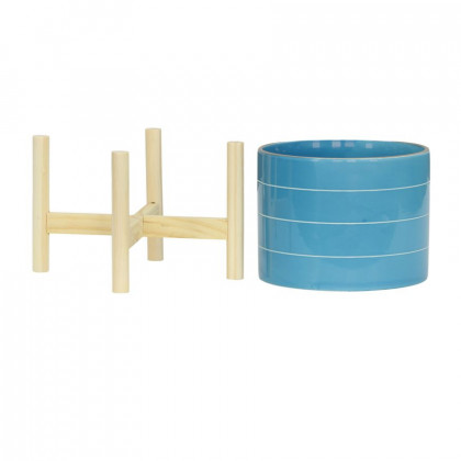 Sagebrook 8" Striped Planter With Wood Stand - Skyblue