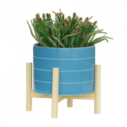 Sagebrook 8" Striped Planter With Wood Stand - Skyblue