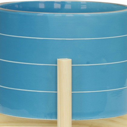 Sagebrook 8" Striped Planter With Wood Stand - Skyblue