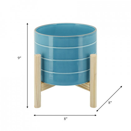 Sagebrook 8" Striped Planter With Wood Stand - Skyblue