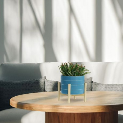 Sagebrook 8" Striped Planter With Wood Stand - Skyblue