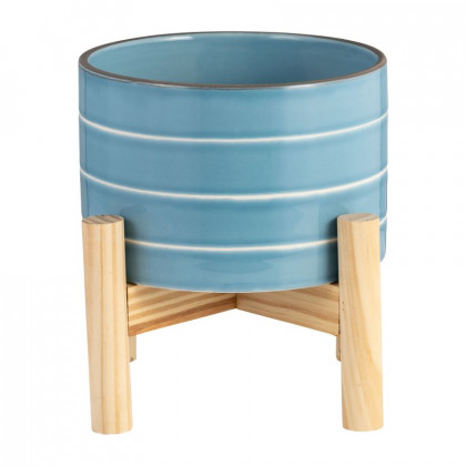 Sagebrook 6" Striped Planter With Wood Stand - Skyblue