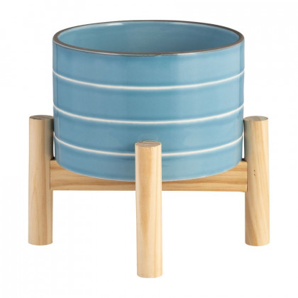 Sagebrook 6" Striped Planter With Wood Stand - Skyblue