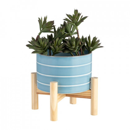 Sagebrook 6" Striped Planter With Wood Stand - Skyblue