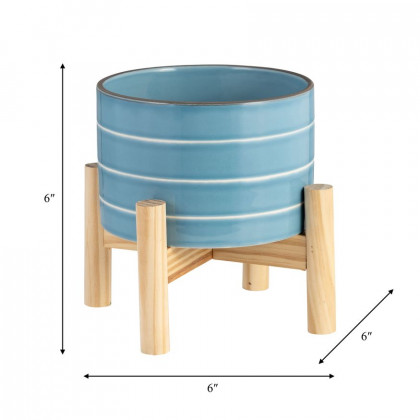 Sagebrook 6" Striped Planter With Wood Stand - Skyblue