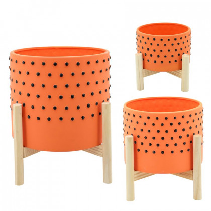 Sagebrook 10" Dotted Planter With Wood Stand - Orange