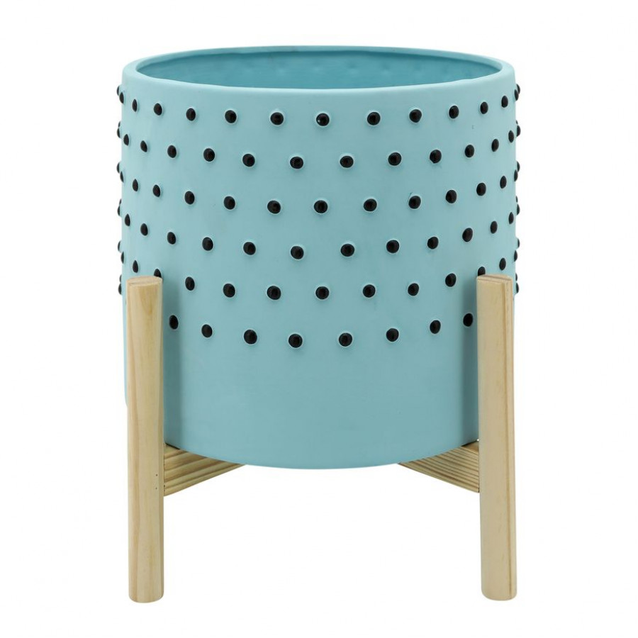 Sagebrook 10" Dotted Planter With Wood Stand - Blue