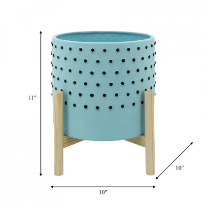 Sagebrook 10" Dotted Planter With Wood Stand - Blue