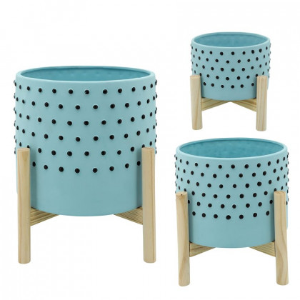 Sagebrook 6" Dotted Planter With Wood Stand - Blue
