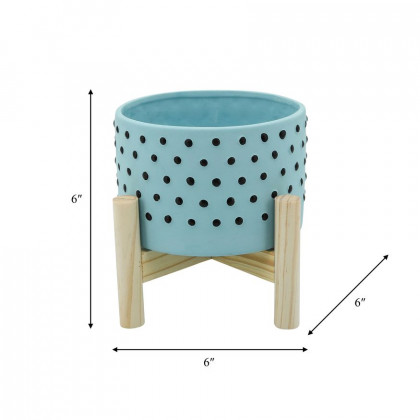 Sagebrook 6" Dotted Planter With Wood Stand - Blue