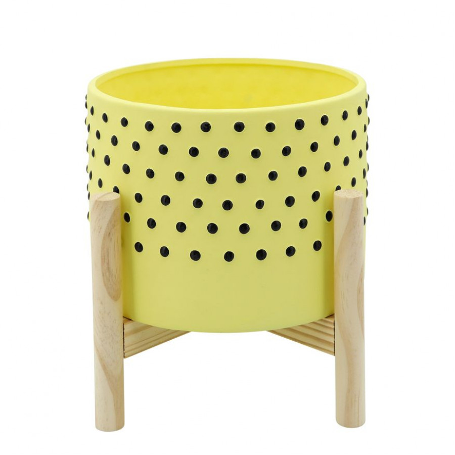 Sagebrook 8" Dotted Planter With Wood Stand - Yellow
