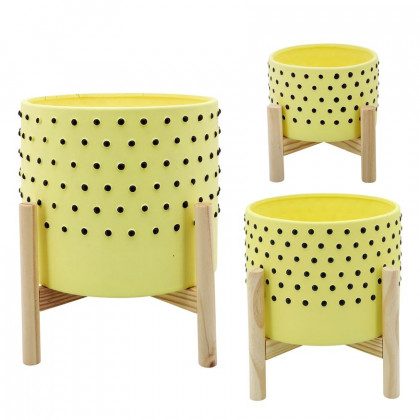 Sagebrook 8" Dotted Planter With Wood Stand - Yellow