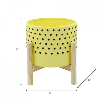 Sagebrook 8" Dotted Planter With Wood Stand - Yellow