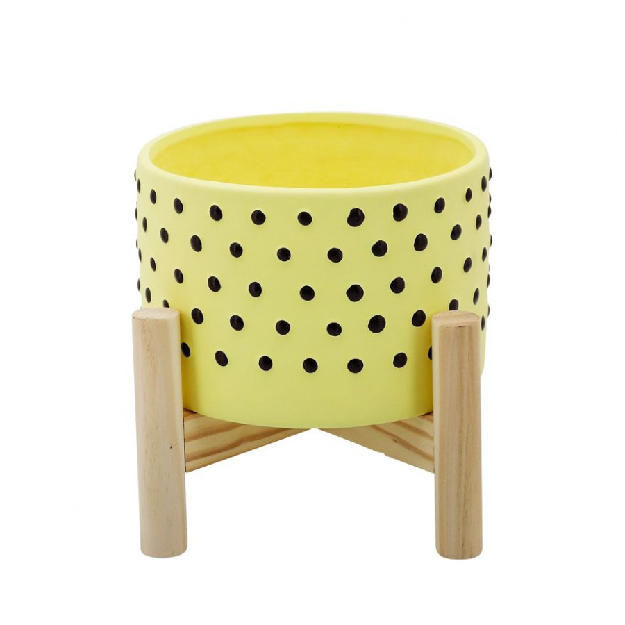 Sagebrook 6" Dotted Planter With Wood Stand - Yellow