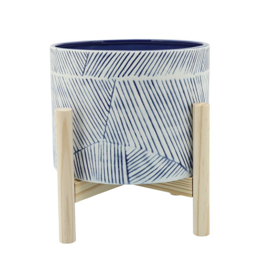 Sagebrook 8" Planter With Wood Stand - Navy