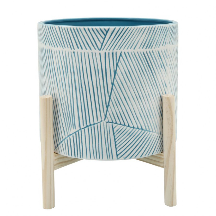 Sagebrook 10" Planter With Wood Stand - Light Blue