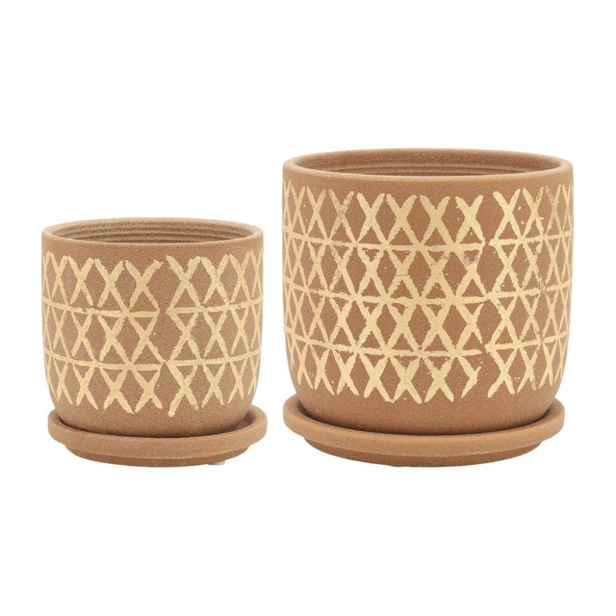 Sagebrook 5"/6" Cross Planters With Saucer (Set Of 2) - Tan