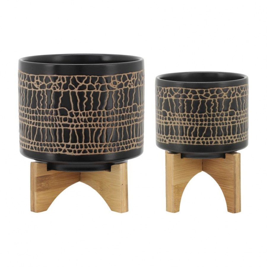 Sagebrook 5"/8" Glazed Planters With Stand (Set Of 2) - Black