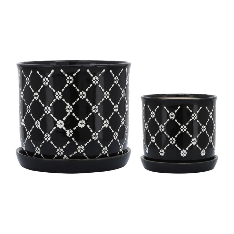 Sagebrook - 6"/8" Chained Daisies Planters With Saucer (Set Of 2) in Black