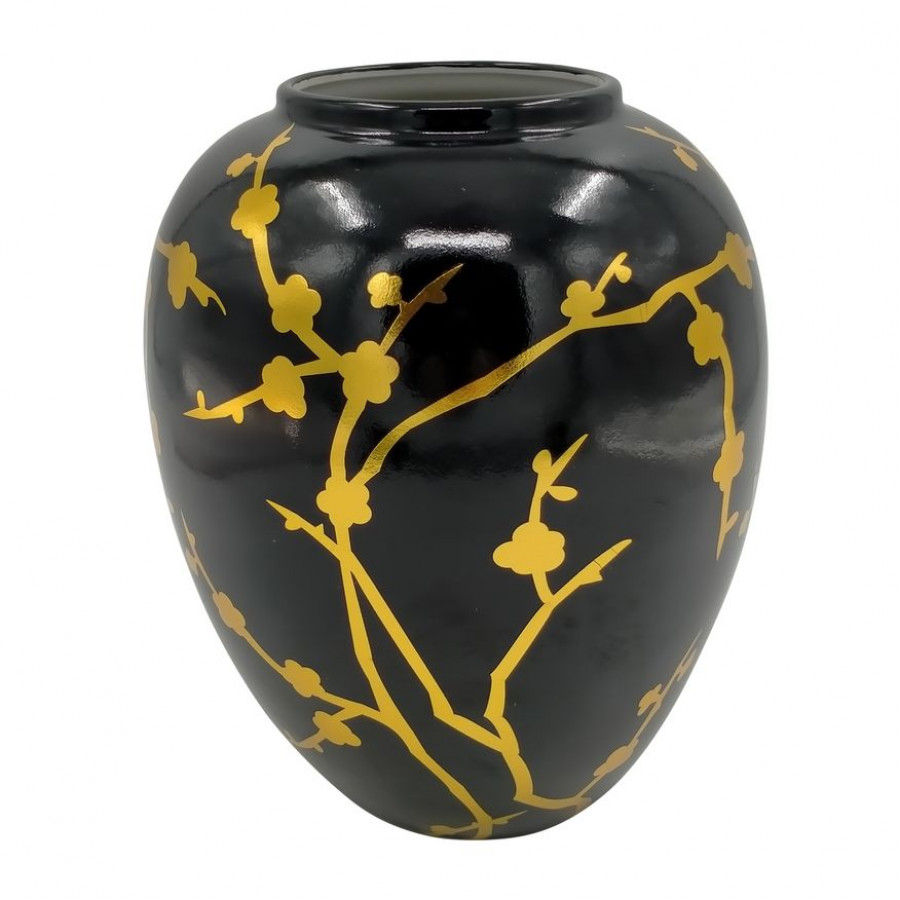 Sagebrook 10" Ceramic Jar With Gold Decal - Black