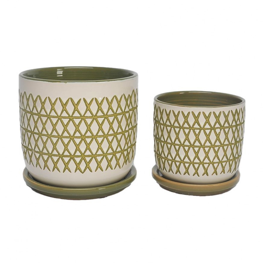 Sagebrook 5"/6" Ceramic X-Planters With Saucer (Set Of 2) - Olive