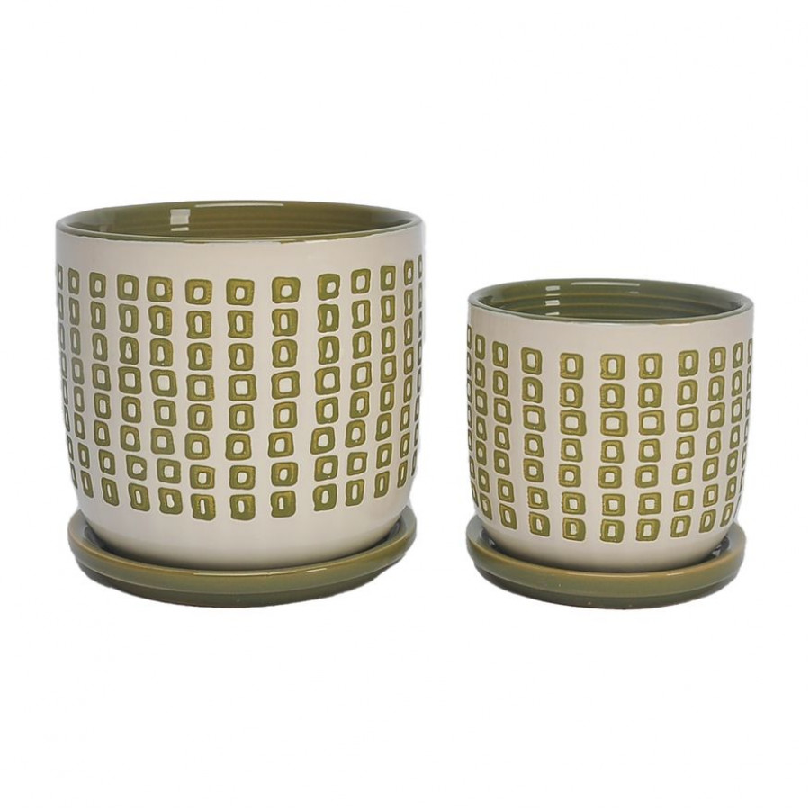Sagebrook 5"/6" Ceramic Planters With Saucer (Set Of 2) - Olive