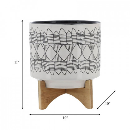 Sagebrook 10" Aztec Ceramic Planter On Wooden Stand - Gray