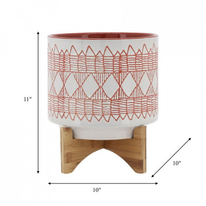Sagebrook 10" Aztec Ceramic Planter On Wooden Stand - Orange