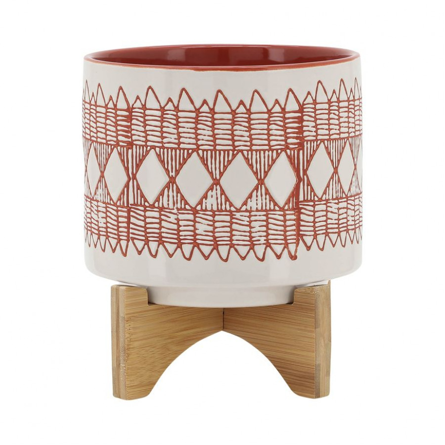 Sagebrook 8" Aztec Ceramic Planter On Wooden Stand - Orange