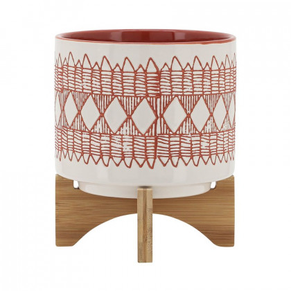 Sagebrook 8" Aztec Ceramic Planter On Wooden Stand - Orange