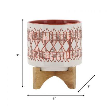 Sagebrook 8" Aztec Ceramic Planter On Wooden Stand - Orange