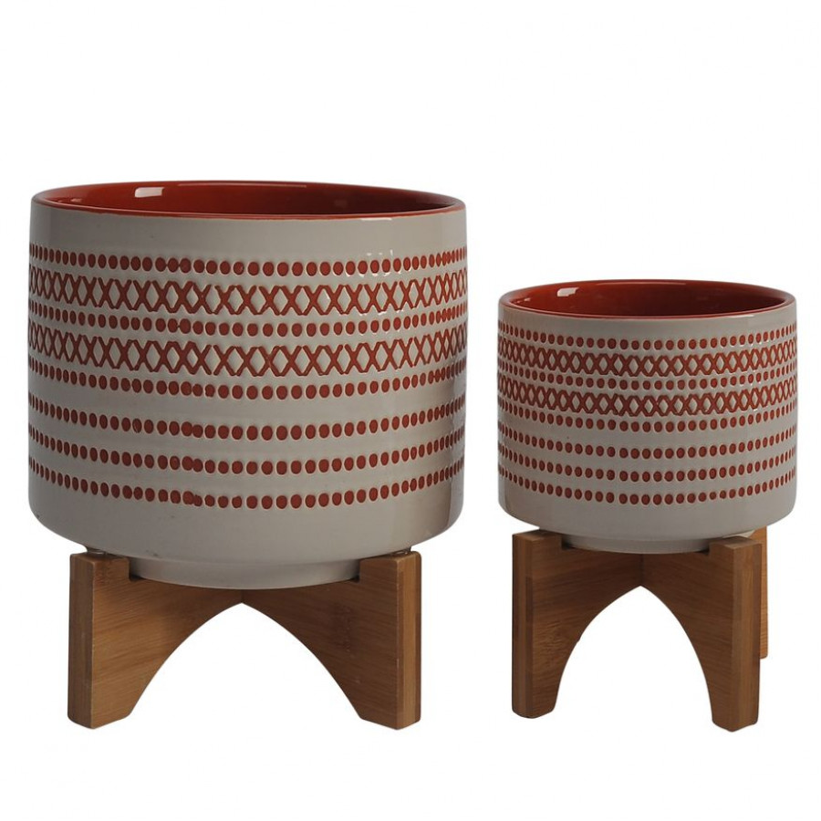 Sagebrook 5"/8" Aztec Ceramic Planters On Wooden Stand (Set Of 2) - Orange