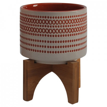 Sagebrook 5"/8" Aztec Ceramic Planters On Wooden Stand (Set Of 2) - Orange
