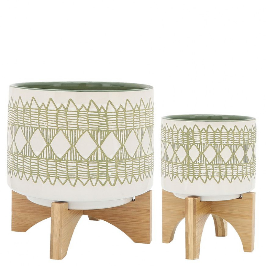 Sagebrook 5"/8" Aztec Ceramic Planters On Wooden Stand (Set Of 2) - Olive