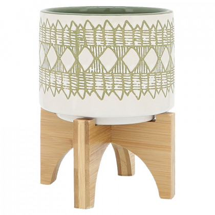 Sagebrook 5"/8" Aztec Ceramic Planters On Wooden Stand (Set Of 2) - Olive